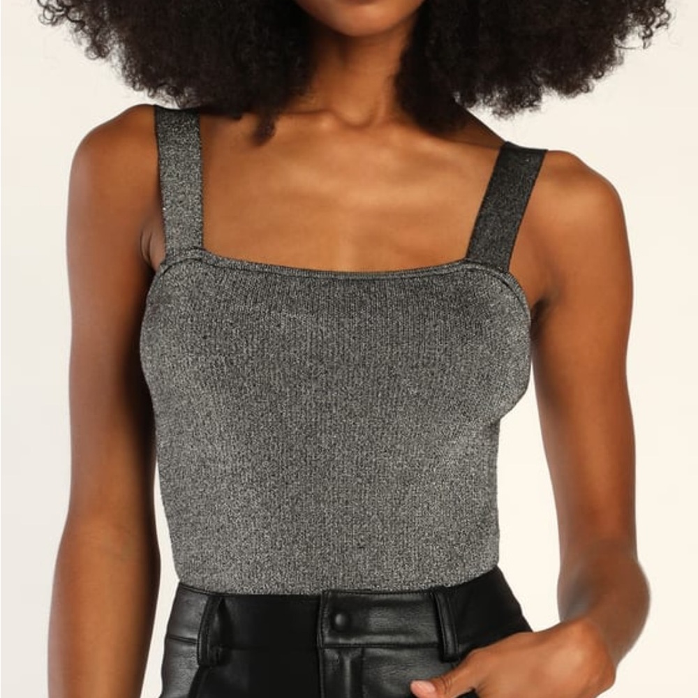 Lulus Easily Iconic Black And Silver Knit Bodysuit - Size S